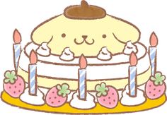 a drawing of a birthday cake with candles and strawberries on the bottom, as well as an image of a teddy bear