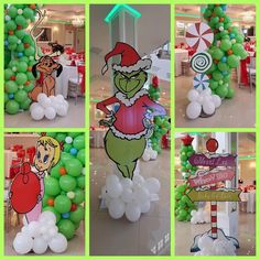 the grinch balloon decorations are in green and white