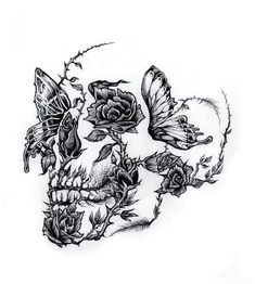 a skull with roses and butterflies on it's face is drawn in black ink