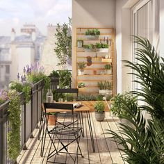 a balcony with potted plants and chairs on the wooden floor next to a window