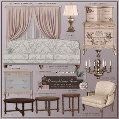 an assortment of furniture and decor items are shown in this graphic style, including a couch, chair, table, lamp, dresser, chandelier