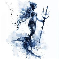 a watercolor painting of a mermaid holding a spear