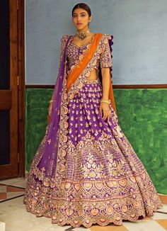 Raina Purple Double Dupatta Embroidered Silk Lehenga Set Angad Singh - Fabilicious Fashion Double Shade Lehenga, Double Dupatta Bridal Lehenga, Lehenga Styling, Engagement Clothes, Double Dupatta, Dupatta Draping Styles, Dupatta Styling, Dupatta Bridal, Dupatta Draping