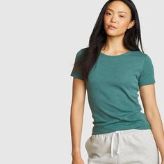 Women's Favorite Short-sleeve Crewneck T-shirt | Eddie Bauer Comfortable Stretch T-shirt For Everyday, Stretch Organic Cotton Casual T-shirt, Basic Stretch Organic Cotton T-shirt, Comfortable Green Short Sleeve T-shirt, Comfortable Solid Color Cotton Tops, Comfortable Solid Cotton Top, Casual Stretch Organic Cotton T-shirt, Green Stretch Cotton T-shirt, Comfortable Solid Stretch T-shirt