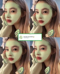 four pictures of a woman's face with green facial mask on and in front of her