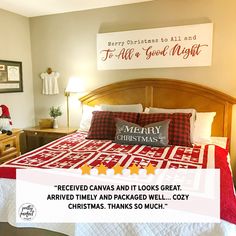 a christmas themed bedroom with red and white quilted bedspread, plaid pillowcases