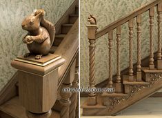 two pictures of the same stair railing, one with a squirrel figurine on it