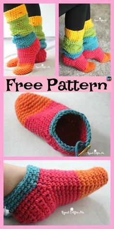 crocheted slippers with the words free pattern on top and bottom, in different colors