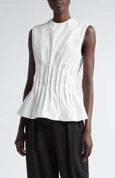 Khaite The Westin Pleated Cotton Poplin Top | Nordstrom Cotton Poplin Top, Designer Clothing Brands, Sleeveless Peplum Top, Poplin Blouse, Hourglass Silhouette, Ruffled Tunic, Poplin Top, Fashion Figures, Peplum Blouse