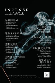 essential oil blends w incense vibes, diffuse or add to 5-10mL roller bottle w carrier oil like vegetably glycerin #incense #scents Herbal Incense Blends, Spooky Diffuser Blends, Wiccan Essential Oils, Magic Essential Oil Blends, Essential Oils Blends For Diffuser, Essential Oil Witch Blends, Essential Oil Spells, Spiritual Essential Oil Blends, Spooky Essential Oil Blends