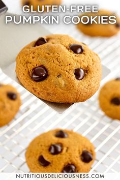 gluten - free pumpkin cookies on a cooling rack with chocolate chips in the middle