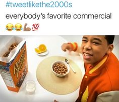 a young boy sitting at a table with cereal and orange juice in front of him