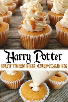 harry potter butterbee cupcakes with white frosting on top and the title overlay