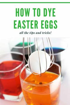 an egg is being whisked into a glass with liquid in it and the words, use a whisk to dunk your easter eggs no more mess