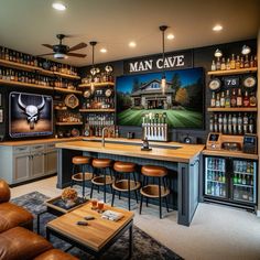 a man cave with lots of bottles on the wall and bar stools in front of it