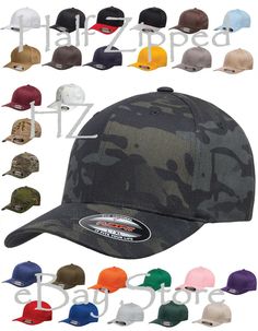 Flexfit - Structured Twill Cap - 6277 - S-2XL - 34 Colors - NEW!!! *Please View all  FLEXFIT hats  available now in our eBay Store* Fitted, six-panel, mid-profile cap is structured with buckram backing. 63/34/3 polyester/cotton/spandex twill Multicam is 98/2 cotton/spandex Kryptek is 100% polyester Structured, mid-profile, six-panel Permacurv® Visor, silver undervisor Multicam has a black undervisor Alpine has a white undervisor Sewn eyelets Sizes: S/M (6 3/4"-7 1/4"), L/XL (7 1/8"-7 5/8"), XL/2 Black Multicam, Multicam Tropic, Brown Car, Multicam Black, Bar Logo, Fitted Caps, The One And Only, Carolina Blue, Baseball Hat