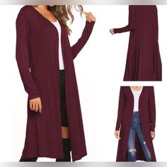 Beautiful Burgundy Lightweight And Flowy Long Sleeve Cardigan. Perfect For Any Occasion! Dress Up Or Down! Great To Throw Over A Casual Tshirt And Jeans Outfit To Watch Your Kid(S) Play Some Sports, Family/Friend Outdoor Gatherings, Trick-Or-Treating Or A Cute Skirt Top And Boot Combo! Worn Only Once! Pockets To Hold Your Phone , Keys, Money, Or Snacks! Comes From A Clean Home! 95% Rayon 5% Spandex Width 24 1/2” Length 52 1/2” Sleeve 26 1/2” Holiday, Woman, Work, Weekend, Casual, Date Night, Sch Tshirt And Jeans Outfit, Tshirt And Jeans, Jeans And T Shirt Outfit, Night School, Casual Tshirt, Casual Date Night, Drape Cardigan, Family Friend, Casual Date