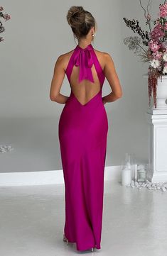 Etta Maxi Dress - Hot Pink Hot Pink Elegant Dress, Hot Pink Wedding Dresses, Pink Dresses For Wedding Guest, Elegant Halter Neck Satin Dress, Hot Pink Dress Prom, Magenta Bridesmaid Dresses, Pink Backless Dress, Fuschia Bridesmaid Dresses, Dark Pink Dress