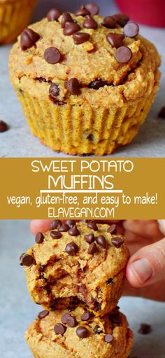 two pictures with chocolate chip muffins stacked on top of each other and the words sweet potato muffins vegan, gluten free, and easy to make