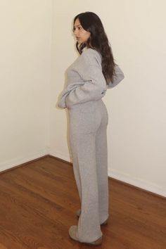 Sweeney Pant Featuring an oversized wide leg pants in the color grey Style Number 85749 60% Acrylic, 40% Cotton