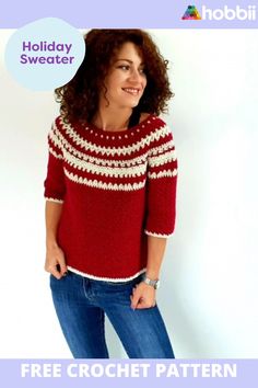 a woman wearing a red and white sweater with the text free crochet pattern