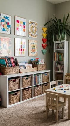 a child's playroom with toys and books