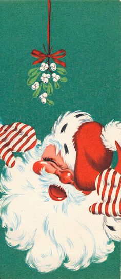 an old fashioned christmas card with santa claus sleeping on his back and stockings hanging from the tree