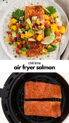 grilled salmon on the grill with rice and mango salsa next to an air fryer