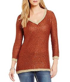 Reba "Sierra Sunrise" Sequin 3/4 Sleeve Sweater Long Sleeve Embellished Festive Tunic, Festive Embellished Long Sleeve Tunic, Festive Long Sleeve Embellished Tunic, Clothing Apparel, Dillard's, Shoes And Accessories, Sweater Sleeves, Sleeve Sweater, Sequin