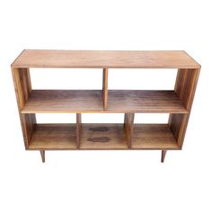 a wooden shelf with three shelves on each side