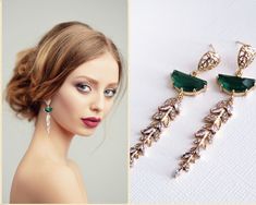 a woman wearing green earrings next to an image of her hair in a bunt