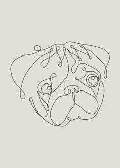 a black and white drawing of a pug's face on a gray background