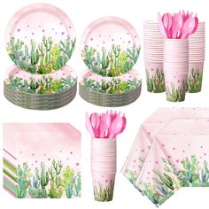 a table setting with pink plates, napkins and cactus designs on it is shown