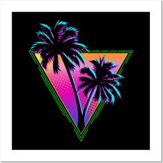 a poster with palm trees and neon colors