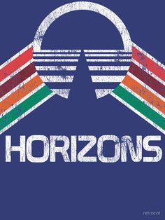 the word horizon is written in white on a blue background with an orange, green and red stripe