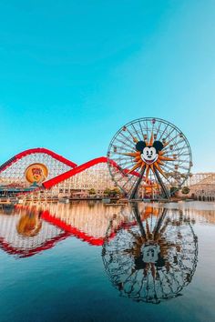 an amusement park with a ferris wheel and mickey mouse