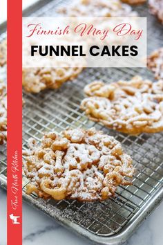 funnel cake cookies on a cooling rack with the words funish may day funnel cakes