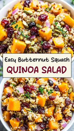 quinoa salad with butternut squash and cranberries in a white bowl