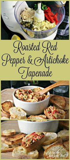 roasted red pepper and artichoke in a white bowl with bread on the side