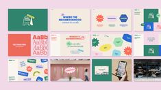 several different types of business cards on a pink background