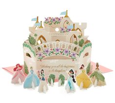 disney princess paper dolls are standing in front of a castle with the words wishing you all the happiness on it