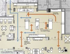 the floor plan for an office with several different areas and furniture, including couches, tables