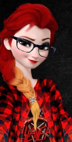 a woman with red hair and glasses holding a heart