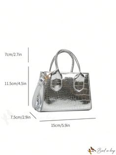 BirdinBag - Stylish Crocodile-Embossed Metallic PU Mini Square Bag with Funky Appeal Trendy Rectangular Bag With Crocodile Pattern, Party Shoulder Bag With Crocodile Pattern And Top Handle, Rectangular Crocodile Pattern Shoulder Bag For Party, Party Shoulder Bag With Top Handle And Crocodile Pattern, Silver Crocodile Pattern Rectangular Shoulder Bag, Silver Rectangular Satchel With Adjustable Strap, Silver Crocodile Pattern Bag, Party Crocodile Pattern Rectangular Bag, Party Bags With Crocodile Pattern In Rectangular Shape