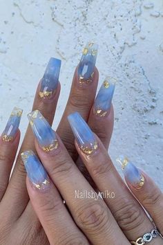 Nails With Gold Details, Coffin Shaped Nails, Nails With Gold, Blue Coffin Nails, Shaped Nails, Coffin Shape Nails, Trendy Nail Art