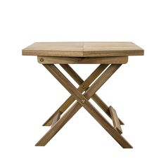 a wooden table with two crossed legs and a square top on an isolated white background