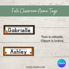 three fall classroom name tags with pumpkins on them