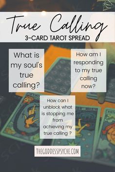 three tarot cards with the text true calling 3 card tarot spread on them