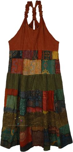 Crafted from breezy organic cotton, this earthy sleeveless maxi dress makes a vibrant boho-chic statement with its handmade patchwork skirt in fiery dark shades of orange, red, green, yellow, etc (patchwork is different on each piece).  The top is a solid neutral rust-orange color that allows the funky patchwork pattern below to shine. #tlb #Sleeveless #Patchwork #bohemianfashion #orangepatchworkdress #hippiedress Red Bohemian Patchwork Dress, Bohemian Red Patchwork Dress, Brown Cotton Patchwork Dress, Orange Bohemian Sleeveless Maxi Dress, Bohemian Multicolor Patchwork Dress, Multicolor Sleeveless Patchwork Maxi Dress, Orange Sleeveless Patchwork Dress, Green Sleeveless Patchwork Maxi Dress, Orange Patchwork Maxi Dress