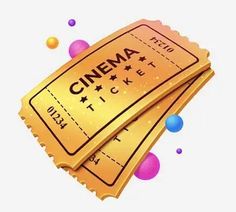 two tickets with the words cinema ticket on them are flying in the air and colorful bubbles